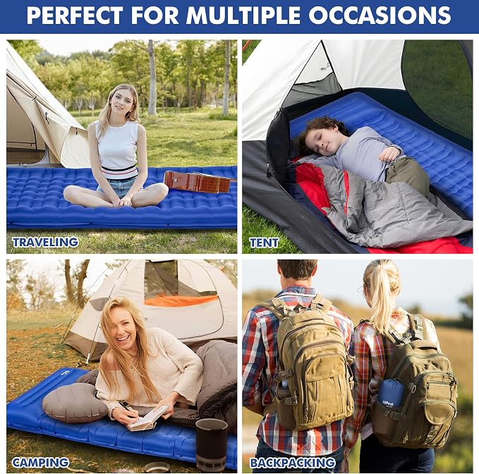 HiiPeak Double Sleeping Pad Self Inflating 3" Extra-Thick for 2 Person with Pillow Built-in Foot Pump Inflatable Sleeping Mat for Backpacking, Hiking, Traveling, Tent, Camping Mat (Single Blue)