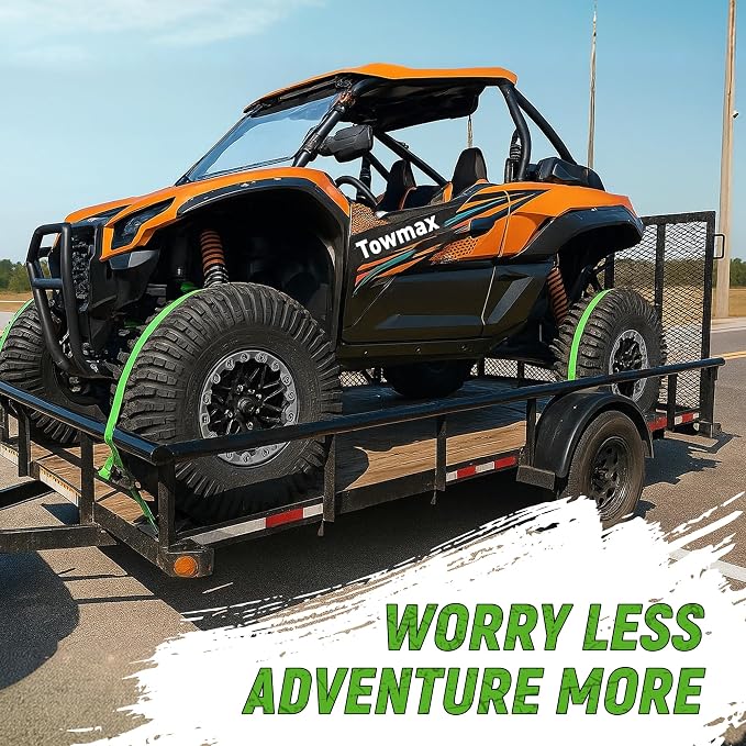 UTV Wheel Chock Tie-Down Kit - 4,500lb Break Strength Heavy Duty Trailer Tire Straps System - 2Pack 2" x 8' E Track Ratchet Straps for SXS, UTV, ATV, Lawn Mower (Bright Green)