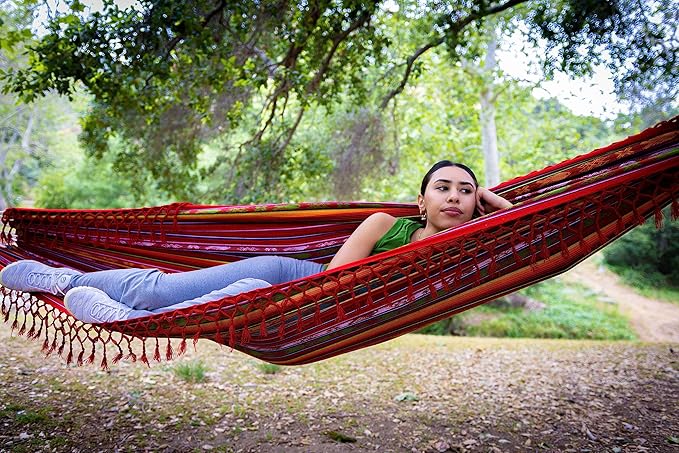 Boho Classic Hammock with Tassel, Handmade, Weather-Resistant, Hammock for Indoor & Outdoor, Lightweight Durable - for Patio, Porch, Backyard Lounging (Inti Red)