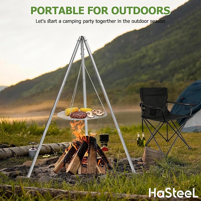 HaSteeL Campfire Tripod for Cooking, Stainless Steel Camping Tripod Grill for Outdoors Beach Backyard Firepit BBQ, Openfirer Stand Hanger with 17” Folding Rack & 6 Barbecue Tools, Adjustable Height