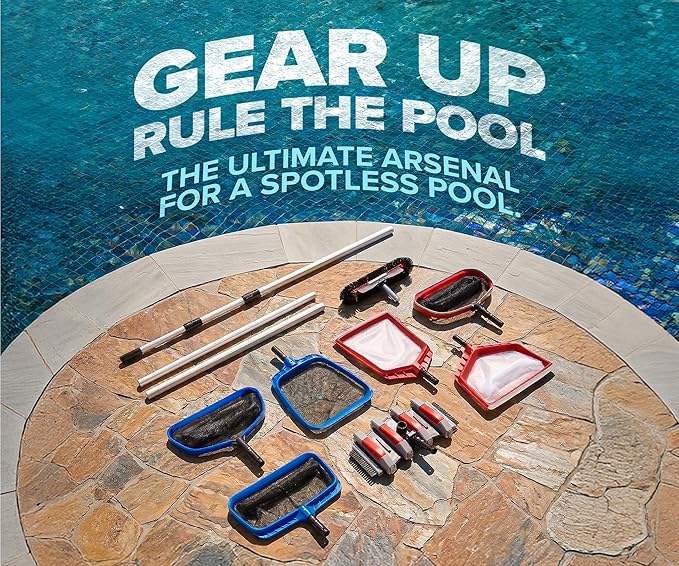 Pool Leaf Skimmer Net for Cleaning with 15 Feet Aluminum Telescopic Pool Pole Swimming Pool Leaf Net - Heavy Duty, Reinforced Frame, Large Capacity Pool Rake // The Ultimate