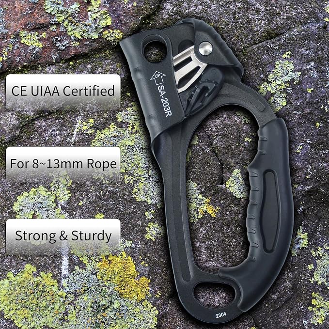 UIAA & CE Certified Climbing Rappelling Equip Hand Ascender Left Right Hand for 8-13mm Rope 4kN