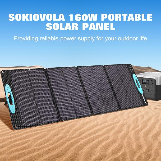 SOKIOVOLA 160W 18V Portable Solar Panels for Power Station,25% High Conversion Efficiency ETFE Foldable Solar Panel Charger with Adjustable Kickstand Solar Panel for Camping Outdoor RV Trailer Car