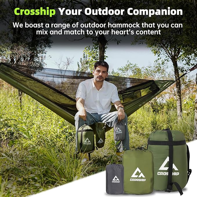 Camping Hammock with Mosquito Net – Portable Parachute Nylon Backpacking Hammock with Tree Straps, Camp Rope & Stake - for Hiking, Backpacking, Travel, Backyard, Beach – Holds Up to 500lbs (Green)
