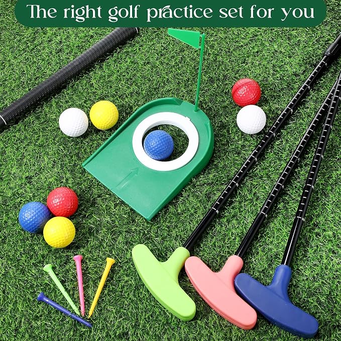 MiniInflat 4 Set Mini Golf Putters with 8 Balls, 4 Golf Putting Cup and Flag, Tees, Two Way Adjustable Length Putter for Right or Left Handed Golfer(Natural)
