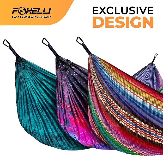Foxelli Camping Hammock – Ultralight Hammock for Backpacking, Hiking, Festivals, Travel - Easy Setup with Tree-Friendly Ropes & Steel Carabiners, Heavy Duty Parachute Nylon