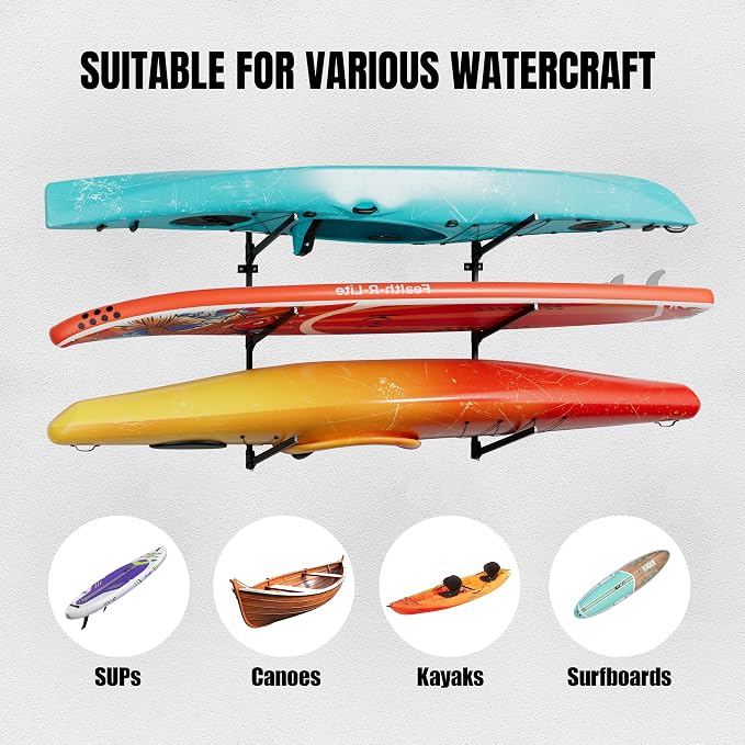 3 Tier Kayak Wall Mount Rack, 45.3" Heavy Duty Canoe Storage Brackets, Foldable Space Saving Hanger, 304 Stainless Steel Screws for Outdoor & Indoor, Fits SUP/Paddle Board