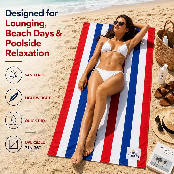 Oversized Microfiber Beach Towel 71x36 Inch, Quick Dry Sand Free Travel Towel, Lightweight Sueded Beach Blanket for Pool, Camping, Yoga & Beach Trips (Red/White/Blue)