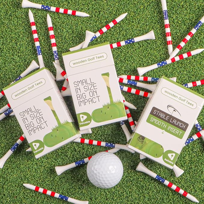 FINGER TEN Premium Bamboo Wood Golf Tees Unique Box Design 18-Pack Per Box Value 18/72/180 Pack, Wooden Tees in 2 3/4" 3 1/4" Durable for Golfers, USA Flag Design Pro Tee Choice