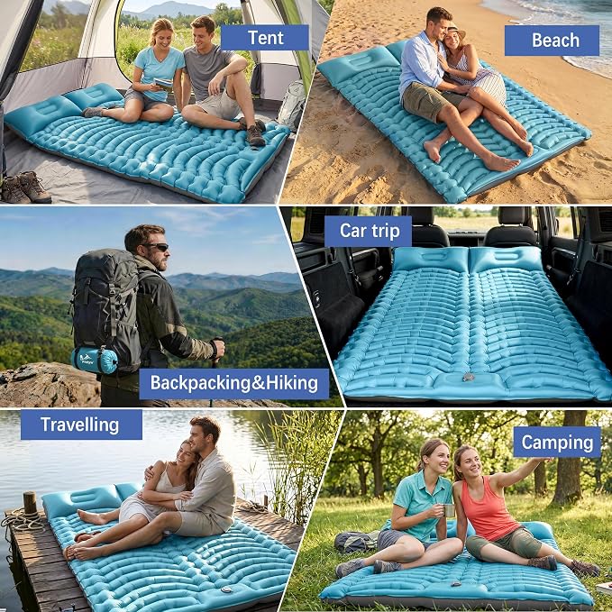 Double Sleeping Pad for Camping - Ultralight Camping Mattress with Pillow, Built-in Foot Pump, Compact Inflatable 2-Person Portable Mat for Backpacking, Hiking, Car Traveling, Beach, Tent