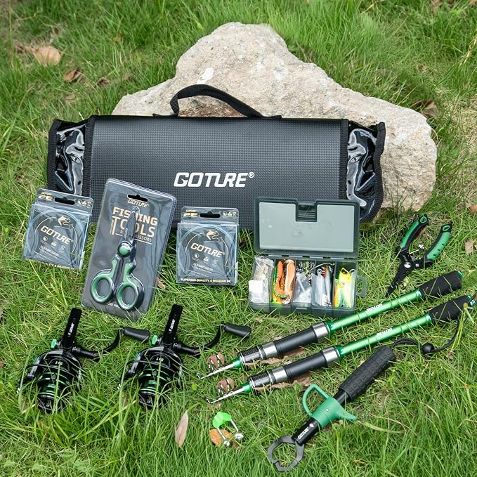 Goture Fishing Poles and Reels Combo - Green Telescoping Fishing Rod Portable Travel Kit with Carrier Bag for Freshwater Saltwater