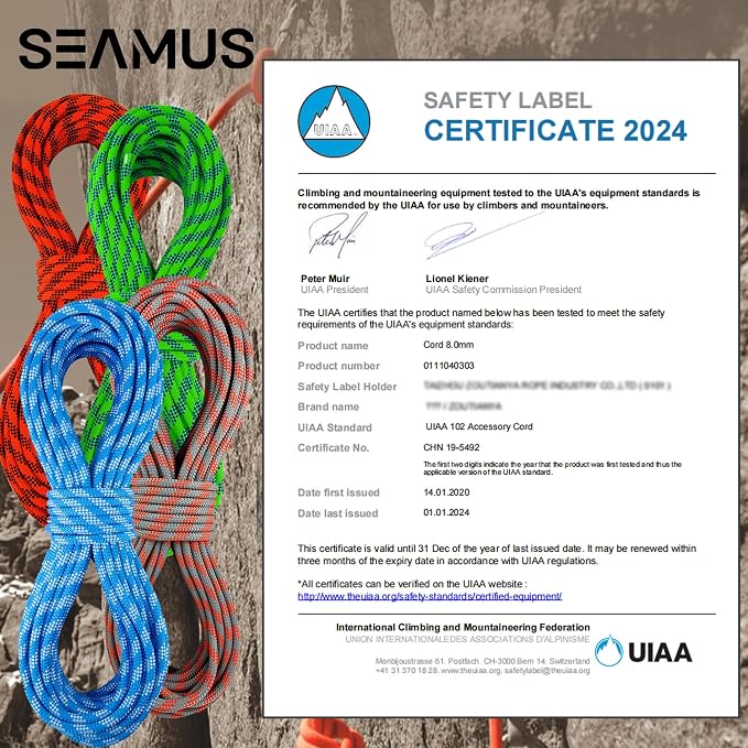 SEAMUS 8mm Prusik Accessory Cord 30M (100ft) UIAA Rock Climbing Rope 14Kn High Tensile Strength Rock Climbing Accessories Cord Double Braid Nylon Cord for Mountain Tree Climbing,Fire Rescue