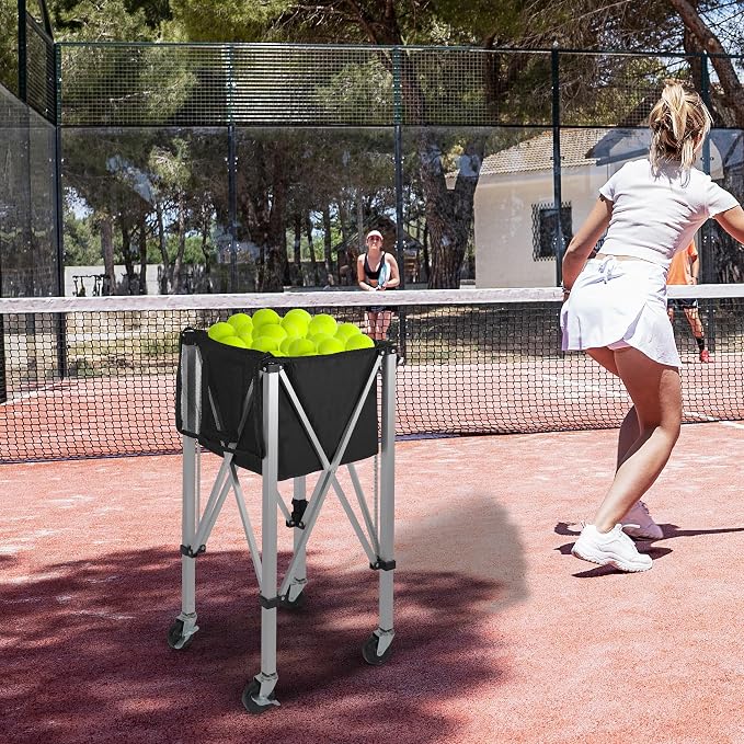 Portable Tennis Ball Hopper Holds 180 Balls, Tennis Ball Basket Cart with 4 Wheels & Brakes, Detachable Oxford Fabric Bag for Tennis and Pickleball Training, Black