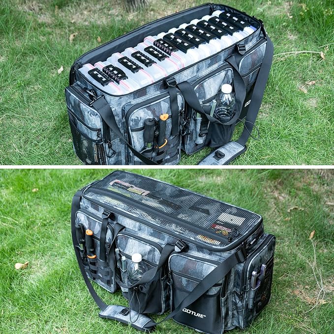 Goture Large Tackle Bag,Water Resistant Saltwater Gear Storage Big Fishing Bag with EVA Bottom,Store Up to 12PCS 3700 Plus 5PCS 3600 Tackle Trays(Not Included),Gifts for Men(26.38"x15.35"x11.42")