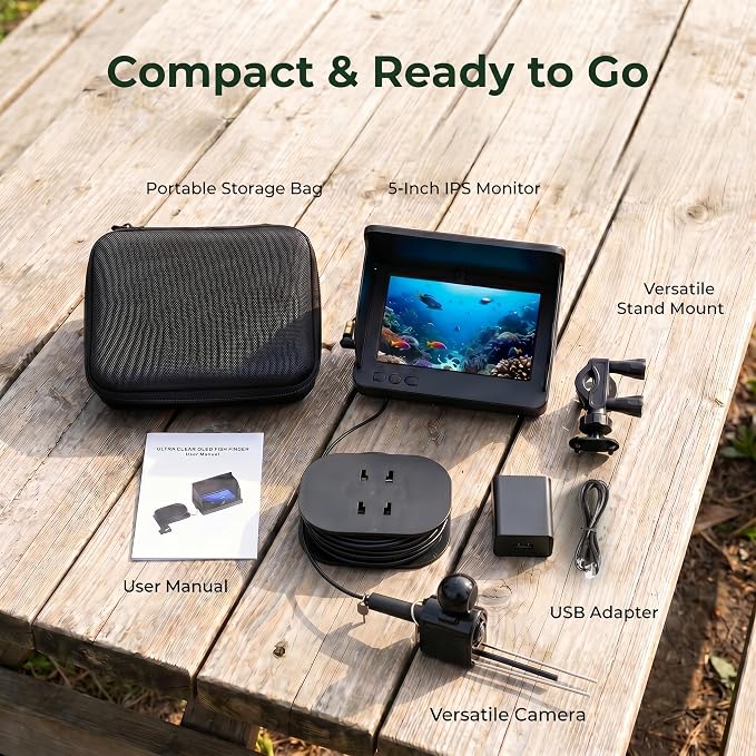 Fish Finder Underwater Fishing Camera: 5-Inch IPS Screen with 1500nit Brightness Long Battery Life 8000mAh USB Charging - IP68 Waterproof 98ft Cable for Ice Fishing Anglers