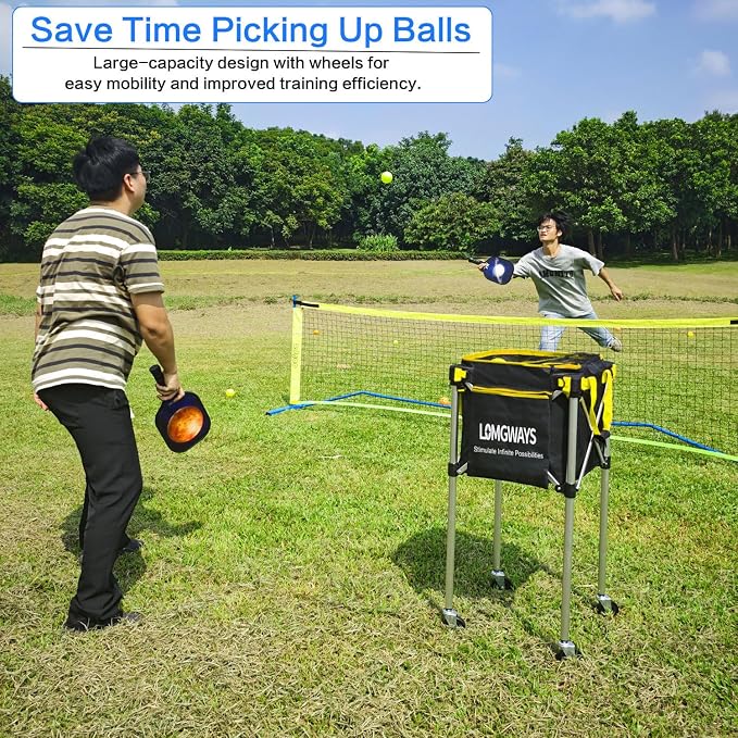 Pickleball Tennis Hopper–Foldable Cart Holds 180 Tennis/160 Pickleballs | Large Capacity |Lightweight with Wheels | Removable Bag| Side Pocket | Multi-Sport Use