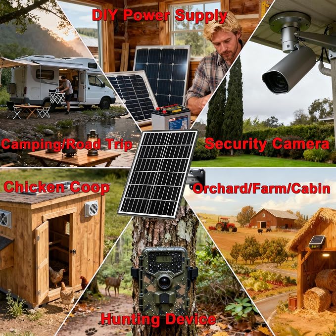 15W Solar Panel Kit with Built-in 16000mAh Battery Voltage: 5V/6V/9V/12V Current: 1.5A Features USB-C, Micro-USB, and DC 2.1/1.7/1.35mm Ports Compatible with All 3G/4G Trail Cameras