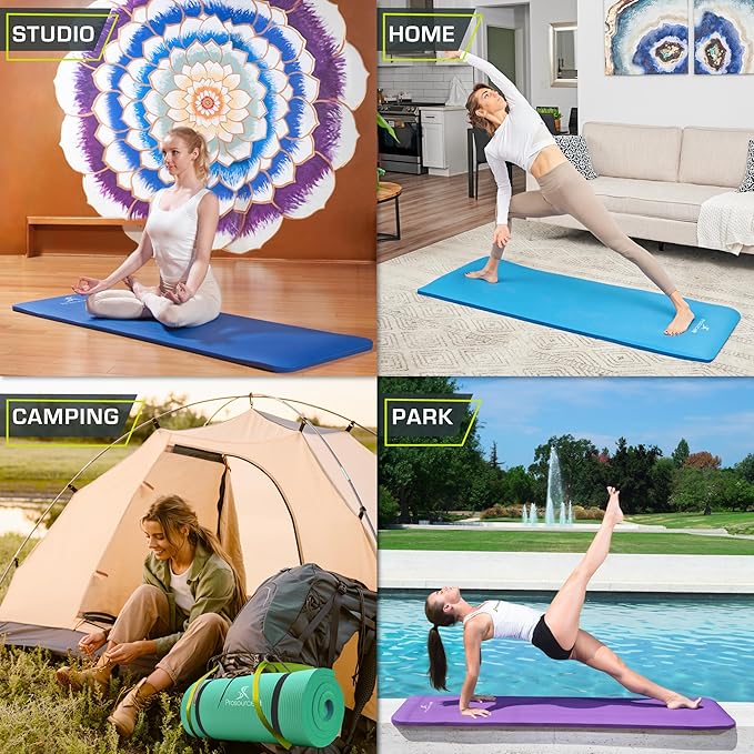 ProsourceFit Extra Thick Yoga and Pilates Mat 1/2” (13mm) or 1" (25mm), 71-inch Long High Density Exercise Mat with Comfort Foam and Carrying Strap