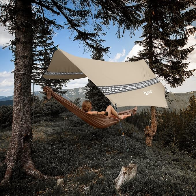 VILLEY Hammock Tent Rain Fly, Octagonal Waterproof Camping Tarp, Sun Shelter for Camping, Backpacking, Hiking, Accessory Includes Stakes, Ropes and Carry Bag (Khaki)