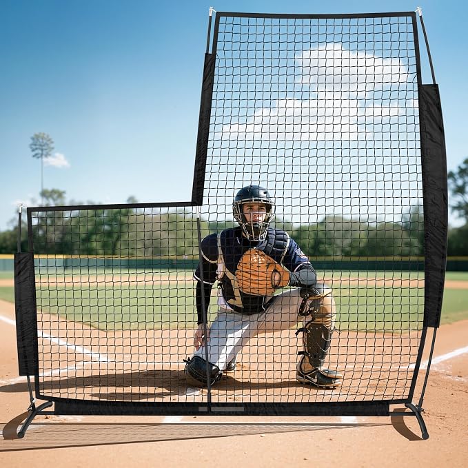 Baseball L Screen for Batting Cage, 7x7ft Pitcher Protector Net for Pitchers Protection, Includes Portable Carry Bag, 4 Ground Stakes