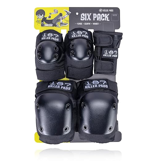 187 Killer Pads Six Pack Pad Set, Protective Gear for Elbows, Knees, and Wrists - Ideal for Skateboarding, Roller Skating, and Inline Skating (Black, Large-X-Large)