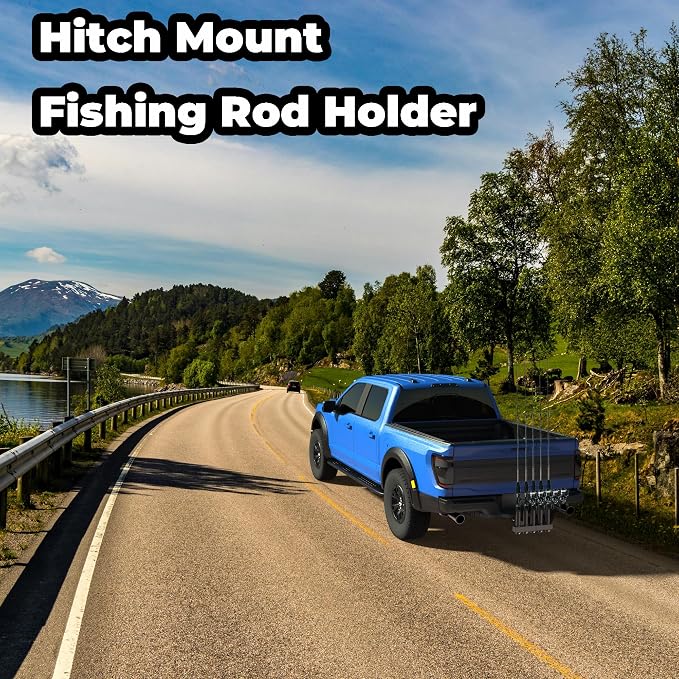 Hitch Mount Fishing Rod Holder, Fishing Pole Rack for Truck with 5-Rod Tubes, Adjustable for 2" Hitch Receivers & Easy to Use with Quick Release Pin