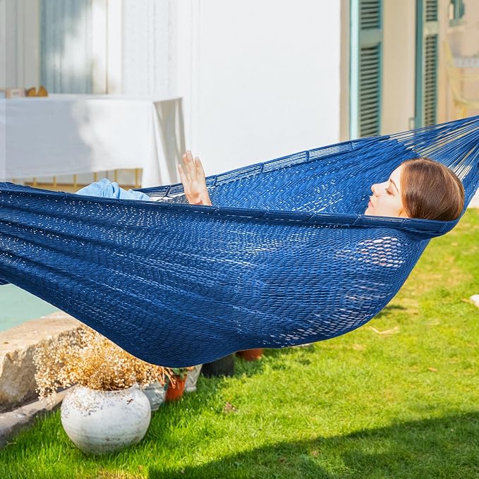 PNAEUT Handwoven Mayan Hammock, Thick Soft Rope Double Hammock for Outdoor Outside & Indoor, 600 lbs Capacity Heavy-Duty, Includes Tree Straps, Carabiners & Carrying Bag (Navy Caribe, X-Large)