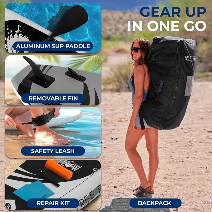SereneLife 10’6" Inflatable Stand Up Paddle Board with Premium SUP Accessories - Wide Stable Design with Non-Slip EVA Deck Pad, for Youth and Adults, 350 lbs. Capacity