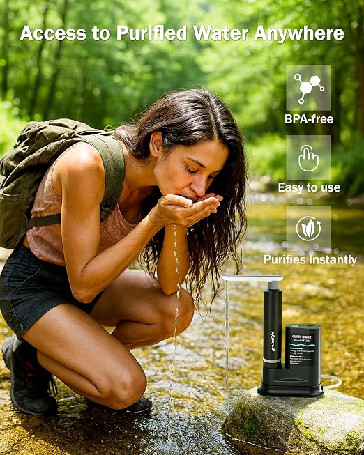 Frizzlife Electric Water Filter Camping, 0.01μm Ultrafiltration 7-Stage Portable Water Filter, Rechargeable Water Purifier for Camping, Survival, Backpacking,Hiking, 6pcs Pre-Filters+2pcs UF Filters