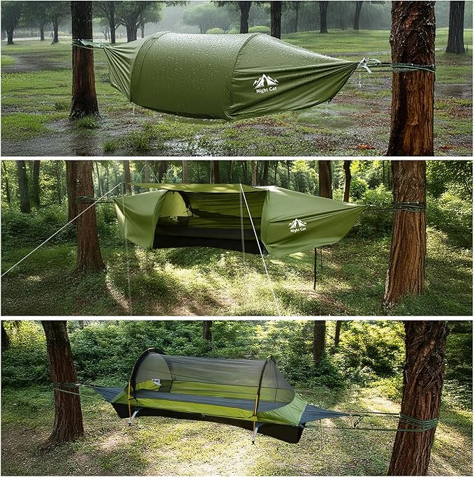 Night Cat Upgraded Flat Lay Hammock Tent Combo with Sleeping Pad Non Rolling for 1 Person Adults 330LBS 87x28x19in