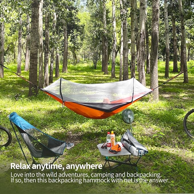 Hammock with Mosquito Net - Lightweight, Portable, 1 Person Hammock - for Camping, Hiking, Backpacking, Travel, a Festival, or The Beach (Orange)