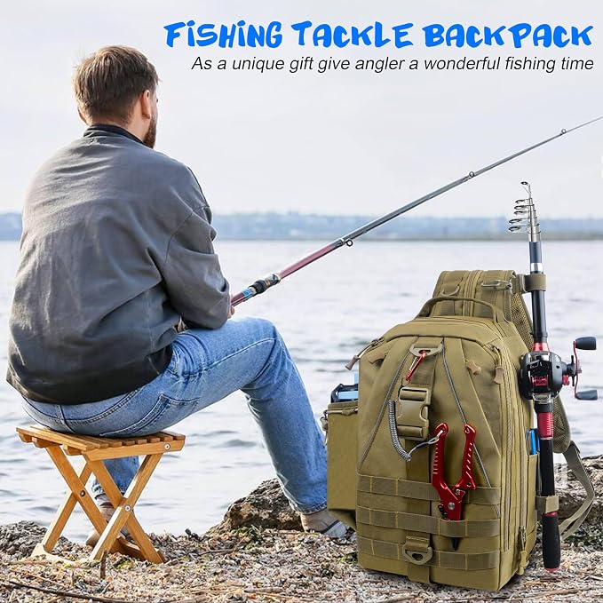 OROOTL Fishing Backpack Tackle Bag with Rod Holder Waterproof Fishing Sling Bag Storage Backpack Ideal Gifts for Men, Small