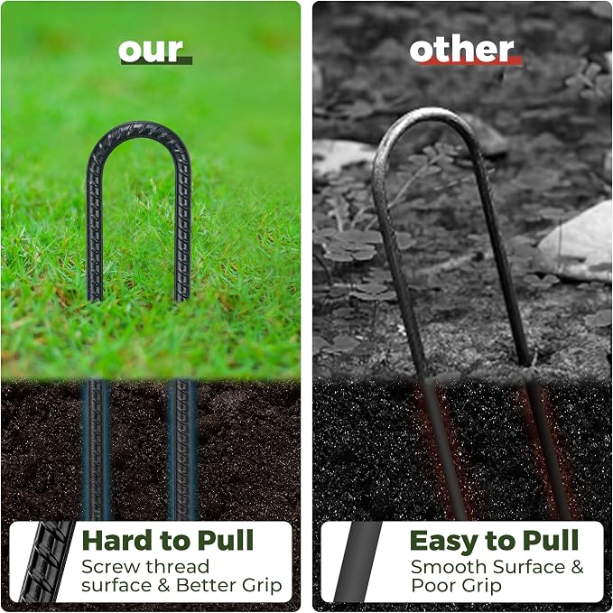 Kingsyard 16 Pack Trampolines Wind Stakes-12 Inch Long, 0.4 Inch Diameter Galvanized Steel U Hook Rebar Stakes, Multi-Purpose Heavy Duty Ground Anchors for Tent, Fences, Swing, Landscape, Black
