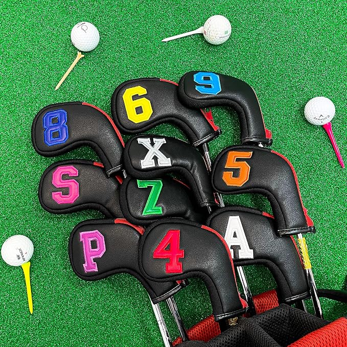 wosofe Golf Head Covers for Iron Headcover with Zipper Black Leather 10pcs Set Colorful Number Embroideried PU Leather Waterproof Fit All Brands