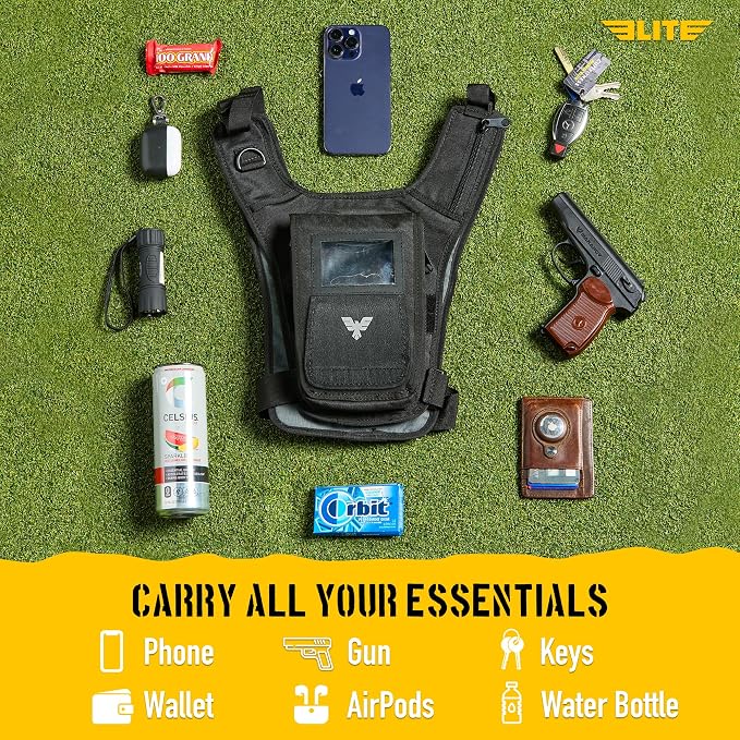Elite Sports Running Vest w/Phone Holder, Gun Holster for Men/Women, Reflective Lightweight Chest Pack w/Touch Friendly Phone Sleeve, Camera Pocket - Chest Rig for Hiking, Trail, Marathon, Camping
