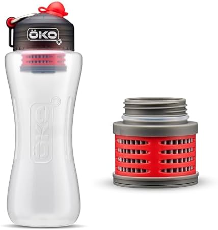 OKO Purification Water Bottle with Replacement Filter, Portable Water Purifier Bottle for Travel & On the Go, BPA Free Reusable Bottle, Long Lasting 100 Gallon Filter, 33.8 Oz