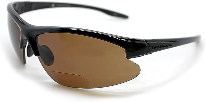 Renegade Patented Bifocal Polarized Reader Half Rim Men's Fishing Sunglasses 100% UV Protection with Microfiber Bag (Glossy Black Frame, Brown Lens - 600901, Bifocal +2.00)