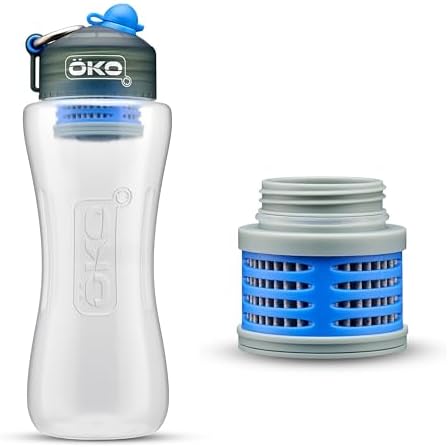OKO Purification Water Bottle with Replacement Filter, Portable Water Purifier Bottle for Travel & On the Go, BPA Free Reusable Bottle, Long Lasting 100 Gallon Filter, 33.8 Oz