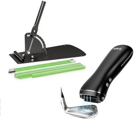 KELOB Golf Swing & Clean Bundle: Alignment Sticks Holder with Angle Adjustable Metal Base + Electric Rotating Brush with 2000mAh Battery & 100ml Water Tank – Practice Plane Trainer & Groove Cleaner fo