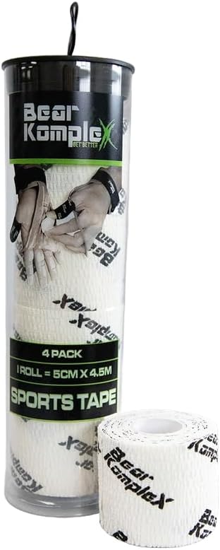 Bear Komplex Athletic Sports Tape, 4 or 12 Pack of Premium Adhesive Wrap, 5 cm Tape, Sweatproof, Breathable, and Non-Slip for Lifting, and Hook Grip, Hypoallergenic and Latex Free