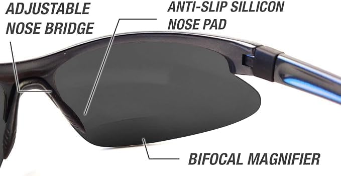 Renegade Patented Bifocal Polarized Reader Half Rim Men's Fishing Sunglasses 100% UV Protection with Microfiber Bag (Matellic Frame, Grey Lens - 600901, Bifocal +2.50)