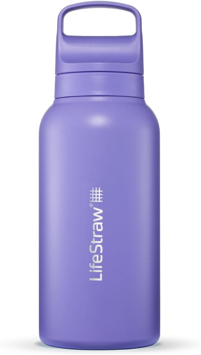 LifeStraw Go Series — Insulated Stainless Steel Water Filter Bottle for Travel and Everyday Use removes Bacteria, Parasites and Microplastics, Improves Taste, 1L, Thistle Purple