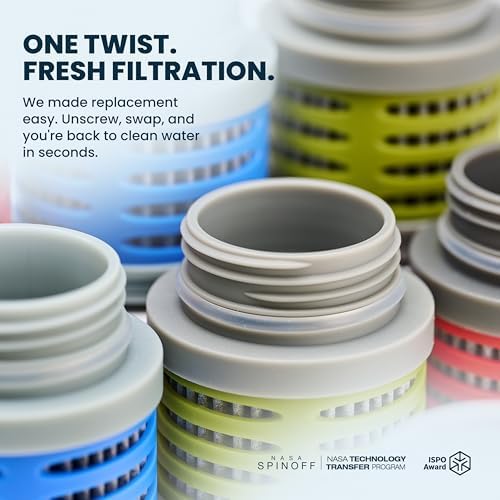 OKO Purification Water Bottle with Replacement Filter, Portable Water Purifier Bottle for Travel & On the Go, BPA Free Reusable Bottle, Long Lasting 100 Gallon Filter, 22 Oz