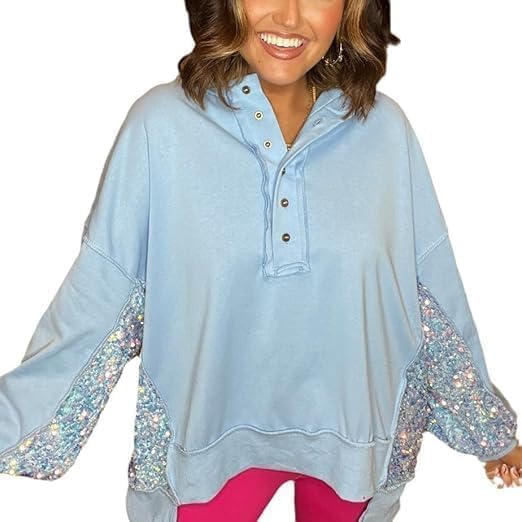 Chvity Sweatshirts for Women Sequin Patchwork High Low Hem Henley Oversize Soft Casual 2025 Fall Sweatshirt
