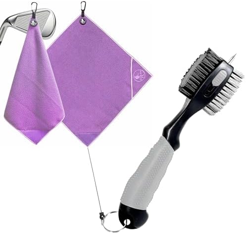 Hiker Bundle 2 Golf Club Cleaning Brush and Magnetic Towel Set - Ultra-Absorbent Microfiber Waffle Towel with Carabiner, Groove Cleaner Tool Retractable Zipline for Golf Bag Accessories (2 Items