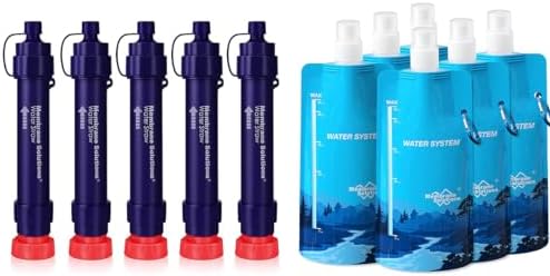 Membrane Solutions S2 Detachable Water Filter Straw (Pack of 5) with 23oz Collapsible Squeezable Water Pouch (Set of 6)