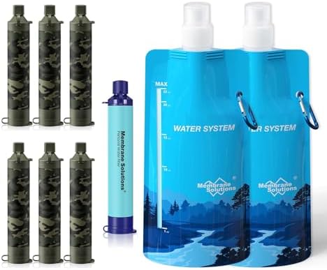 Membrane Solutions Squeezable Water Filtration System, Survival Water Purifier Kit, Portable Backpacking Gear Including Water Filter Straw and 23oz Collapsible Bottle for Hiking Camping Travel(7+2)
