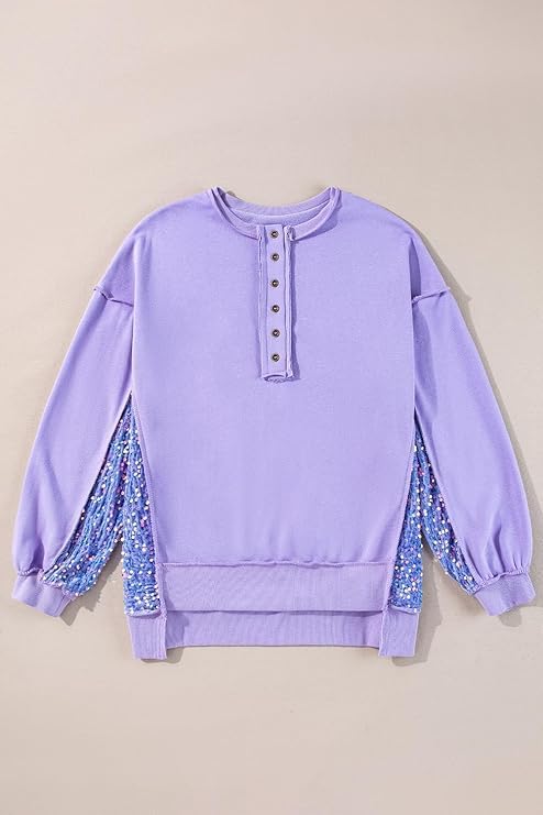 Chvity Sweatshirts for Women Sequin Patchwork High Low Hem Henley Oversize Soft Casual 2025 Fall Sweatshirt