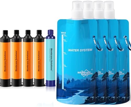 Membrane Solutions Squeezable Water Filtration System, Survival Water Purifier Kit, Portable Backpacking Gear Including Water Filter Straw and 23oz Collapsible Bottle for Hiking Camping Travel(5+4)