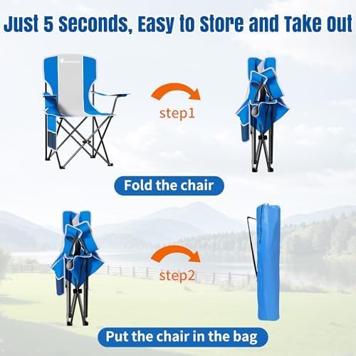 Oversized Camping Chair, 500 LBS High Back Lawn Chairs Folding (Gray Blue) | Outdoor Portable Heavy Duty Folding Camping Chair for Adults, with Cup Holder for Picnic, Lawn, Beach, Fishing and Sports